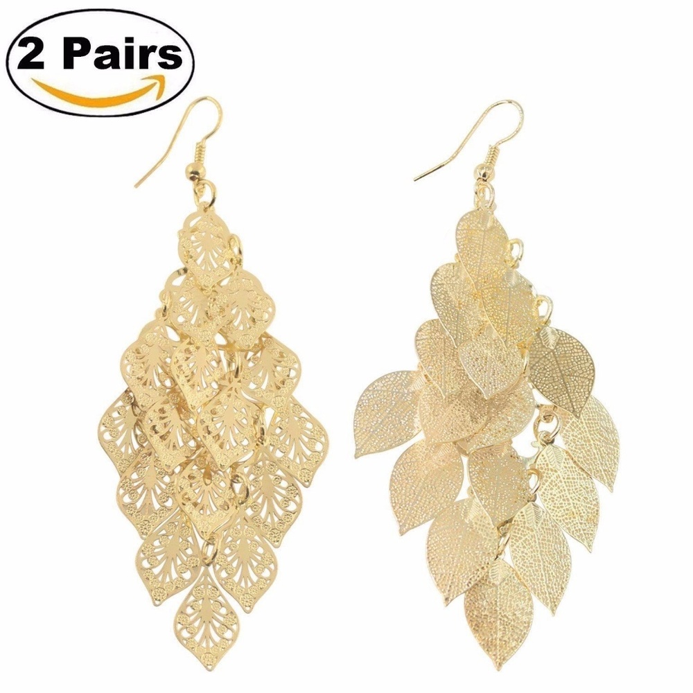 2 Pairs of Multilayer Leaf Earrings Fashion Brass - Picture 2 of 7